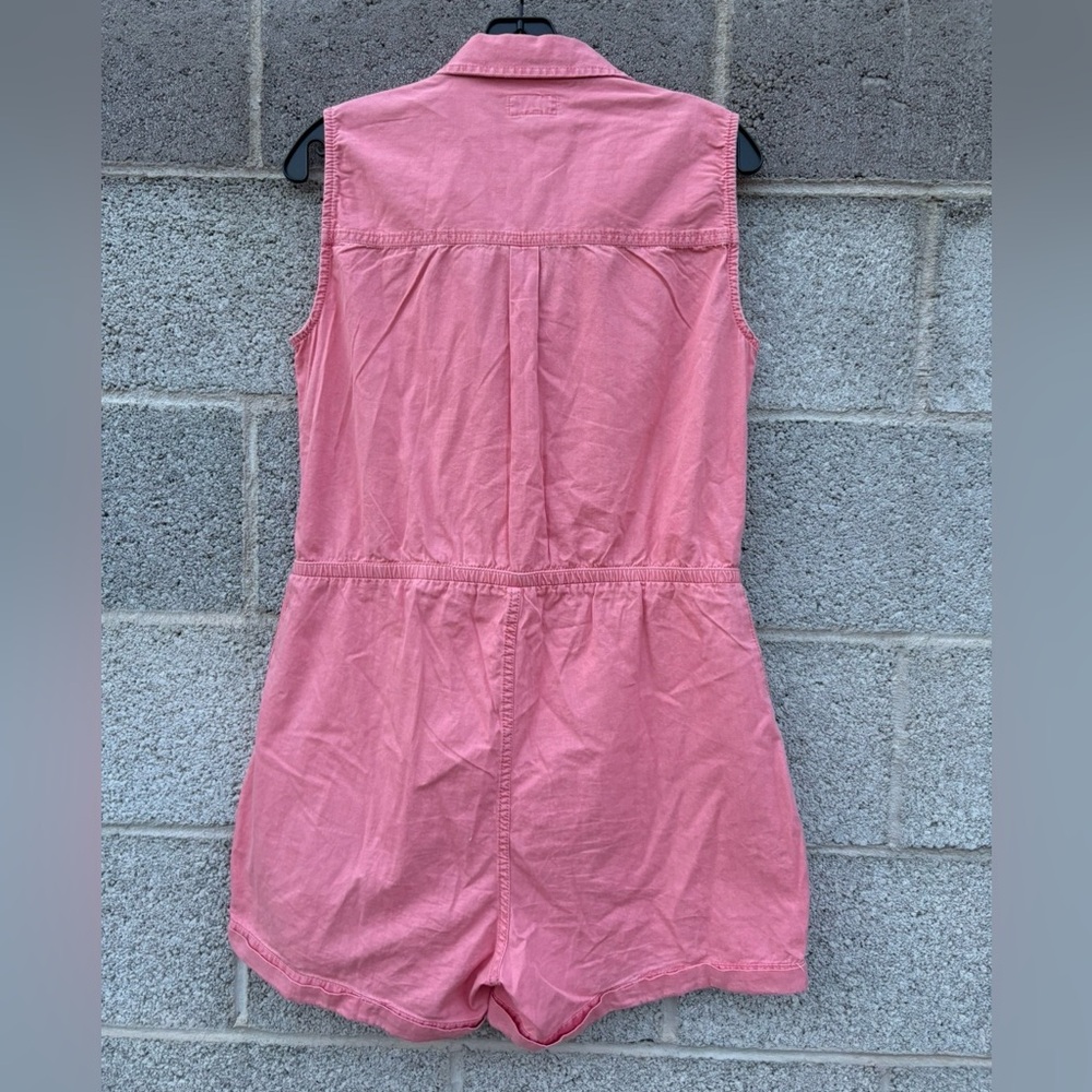 PACT Chambray Romper Size Small Pink Organic Cotton Elastic Waist Pockets Collar - Picture 6 of 14